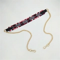 Close-up of geometric jacquard shoulder strap with gold metal chain and leather detail - 120cm Long / Glamorous Colors