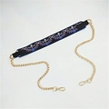 Detail of embroidered ethnic strap with gold metal chain and swivel lobster clasps - 120cm Long / Peacock