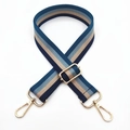 Detail of adjustable blue and beige striped fabric bag strap with gold metal hooks - Blue Silver Buckle / Width: approx 3.8cm