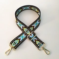 Detail of adjustable woven bag strap featuring colorful ethnic geometric jacquard and gold hooks - Blue Yellow and White Geometric Jacquard Pattern (#12)