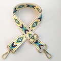 Close-up of bohemian geometric wide bag strap with durable gold metal swivel hooks - Blue and Turmeric Colorful Geometric Pattern (#13)
