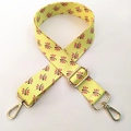 Detail of adjustable yellow handbag strap with pink dragonfly prints and gold lobster clasps - Yellow Dragonfly (#28) / Width: 3.8cm
