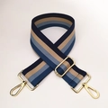 Close-up of adjustable striped woven strap with premium gold metal swivel hooks - Light Blue