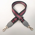 Adjustable wide nylon shoulder strap with red, white and black diagonal stripes and gold clips - Black Silver Line + Grey