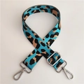 Close-up of leopard print nylon bag strap with silver metal lobster clasps and buckles - Light Blue Silver Buckle