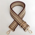 Detail of colorful geometric jacquard shoulder strap with golden metal lobster clasps - Khaki