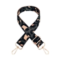 Close-up of adjustable nylon bag strap with grey leopard pattern and rose gold hardware - Dark Black Gray Gold Buckle