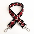 Close-up of ethnic style wide canvas strap with red and black argyle pattern and silver hooks - #3 Silver Clasp