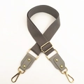 Detail view of gray canvas strap with golden metal swivel hooks and faux leather connectors - Gray