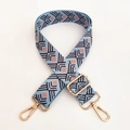 Detail of adjustable blue canvas strap with ethnic geometric embroidery and gold hardware - #4 Gold Clasp