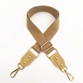 Detail view of khaki woven shoulder strap with golden metal buckles and leather ends - Khaki