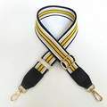 Adjustable colorful striped woven shoulder strap with gold metal hooks and black leather ends - Black Yellow
