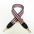 Detail of adjustable woven purse strap with colorful stripes and gold metal hardware - Black White Grey