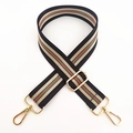 Close-up of adjustable striped nylon bag strap with gold metal rotating swivel hooks - Vintage Black
