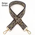 Detail of adjustable beige and green bohemian floral embroidered bag strap with gold hooks - Beige Green