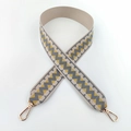 Close-up of geometric zigzag patterned beige fabric strap with gold lobster clasps - Grey-Beige
