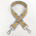 Detail of 3.8cm wide bag strap with black white checker pattern and yellow stripe center - Yellow Silver Buckle