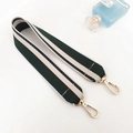 Detail of wide dark green and beige striped woven shoulder strap with gold metal hooks - Green Long Style