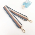 Close-up of striped canvas shoulder strap with golden metal swivel hooks in blue and brown - Denim Blue Short