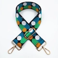 Detail of adjustable wide shoulder strap with green and blue dots and gold metal hooks - Black Blue Green