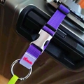 Dettaglio della cinghia per bagagli in nylon viola con fibbia e anello in argento - Viola
