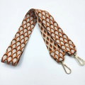Close-up of ethnic jacquard bag strap with silver thread geometric pattern and gold clips - Orange