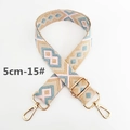 Detail showing a 5cm wide bohemian woven purse strap with gold metal buckles and lobster clips - Beige Blue Pale Pink Geometric (15#)