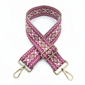 Detail view of ethnic embroidery shoulder strap with geometric patterns and gold metal hooks - Rose Pink Khaki White