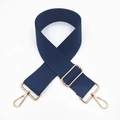 Detail of navy blue adjustable nylon shoulder strap with polished gold metal lobster hooks - Dark Blue