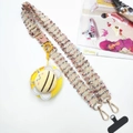 Crossbody tweed lanyard with yellow bee coin purse and phone patch for fashion styling - Pink With Bee And Patch