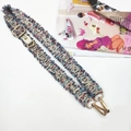 Detail view of adjustable tweed shoulder strap with gold metal hooks and leather connectors - Pinkish Blue Shoulder Strap Only