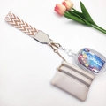 Detail of knitted strap set with cream leather pouch and transparent PVC wallet - Khaki W Pattern