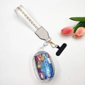 Macro detail of lanyard set with transparent PVC card pouch and golden metal lobster clasp - White Gold Arrow