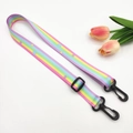 Close-up of adjustable rainbow striped bag strap with black plastic swivel hooks - Pink Star Rainbow with Black Hook