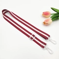 Adjustable red and white striped nylon bag strap with white plastic hooks and buckles - Wine Red + White Buckle