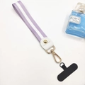 Detail of purple striped polyester phone wrist strap with gold buckle and black pad - Short Light Purple (With Phone Patch)
