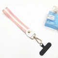 Pink and white striped polyester wrist lanyard with gold spring clasp and phone patch - Short Pink (With Phone Patch)