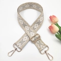 Detail of beige and silver geometric woven strap with gold metal hooks and buckle - Khaki Silver Thread