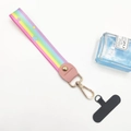 Rainbow striped phone wrist strap with gold metal clasp and star pattern detail - Short Five-Star Pink Rainbow (With Phone Patch)