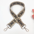 Close-up of ethnic geometric embroidered bag strap with golden metal swivel hooks - Beige Black Khaki