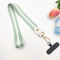 Mint green striped polyester wrist lanyard with golden clasp and black phone patch adapter - Long Bean Green (With Phone Patch)