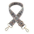Detailed close-up of ethnic floral embroidery and golden metal hooks on adjustable strap - Grey Brown