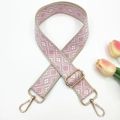Detail view of 3.8cm colorful bohemian woven bag strap with golden metal clasps - Gold Buckle / Beige Pink