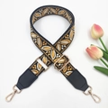 Ethnic style wide shoulder strap with yellow embroidery and adjustable metal buckles - Black Base Yellow + Black