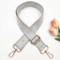 Detail of adjustable 3.8cm wide bag strap with blue and white geometric embroidery - Light Blue on Beige