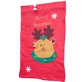 Detail of red Christmas gift bag with 3D reindeer embroidery and white plush pom-poms - Large Elk Head Style