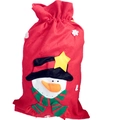 Christmas gift bag with snowman applique and drawstring closure on white background - Snowman with Scarf / Red