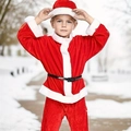 Vibrant red kids Santa Claus costume set with plush hat and belt in snowy outdoor scene - Gold Velvet Boys Hat Tops Pants And Belt