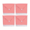 Detailed set of 4 pink envelope-style chair covers with festive white pompoms and trim - Plain Style / Pink