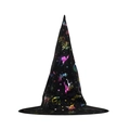 Classic black Halloween witch hat featuring colorful iridescent foil bat and star patterns - One Size / Colored Print